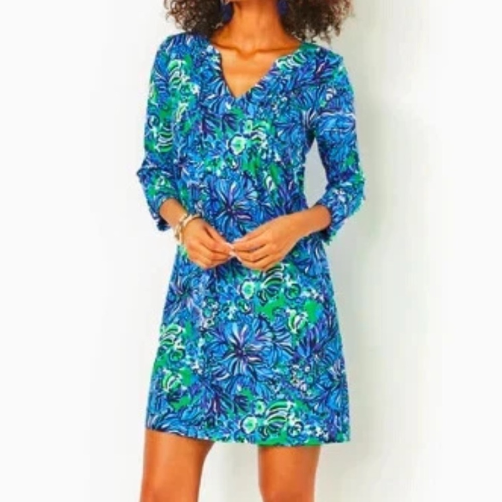 Lilly Pulitzer NWOT Fairfax 3/4 Sleeve Dress ABACO BLUE - IN TURTLE Pintucks